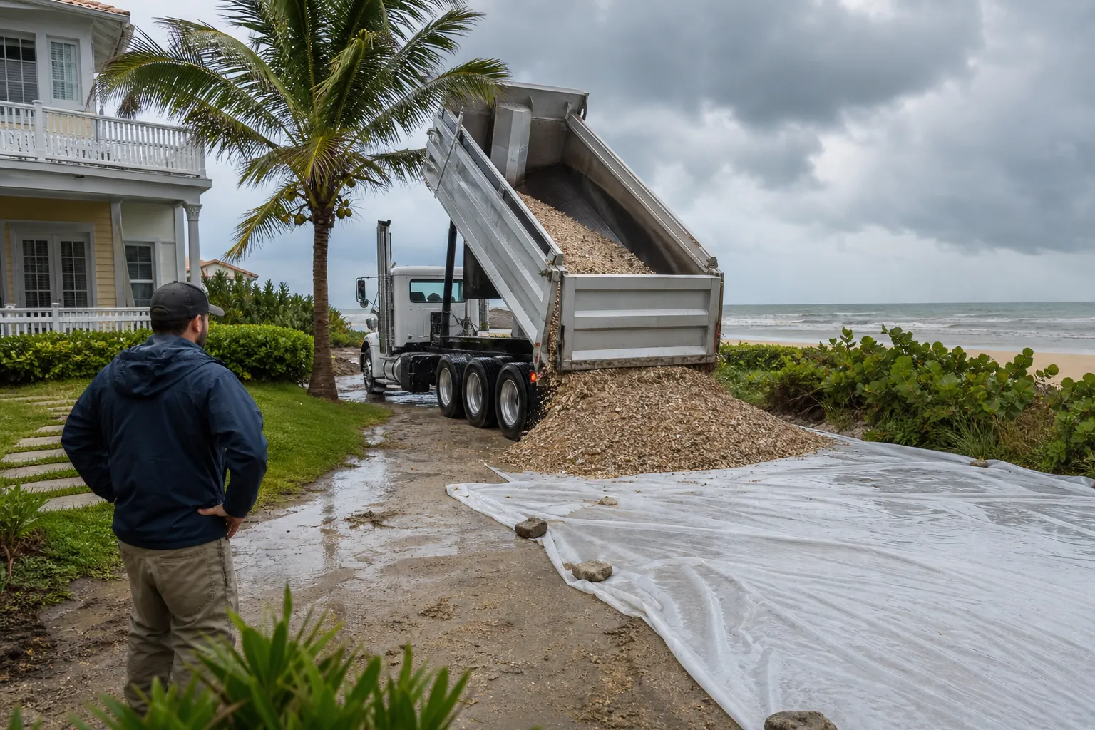 Shell Delivery on a Coastal Driveway Under Rain Clouds A man watches a dump truck unload crushed shells beside a plastic tarp on a wet coastal driveway under dark clouds.