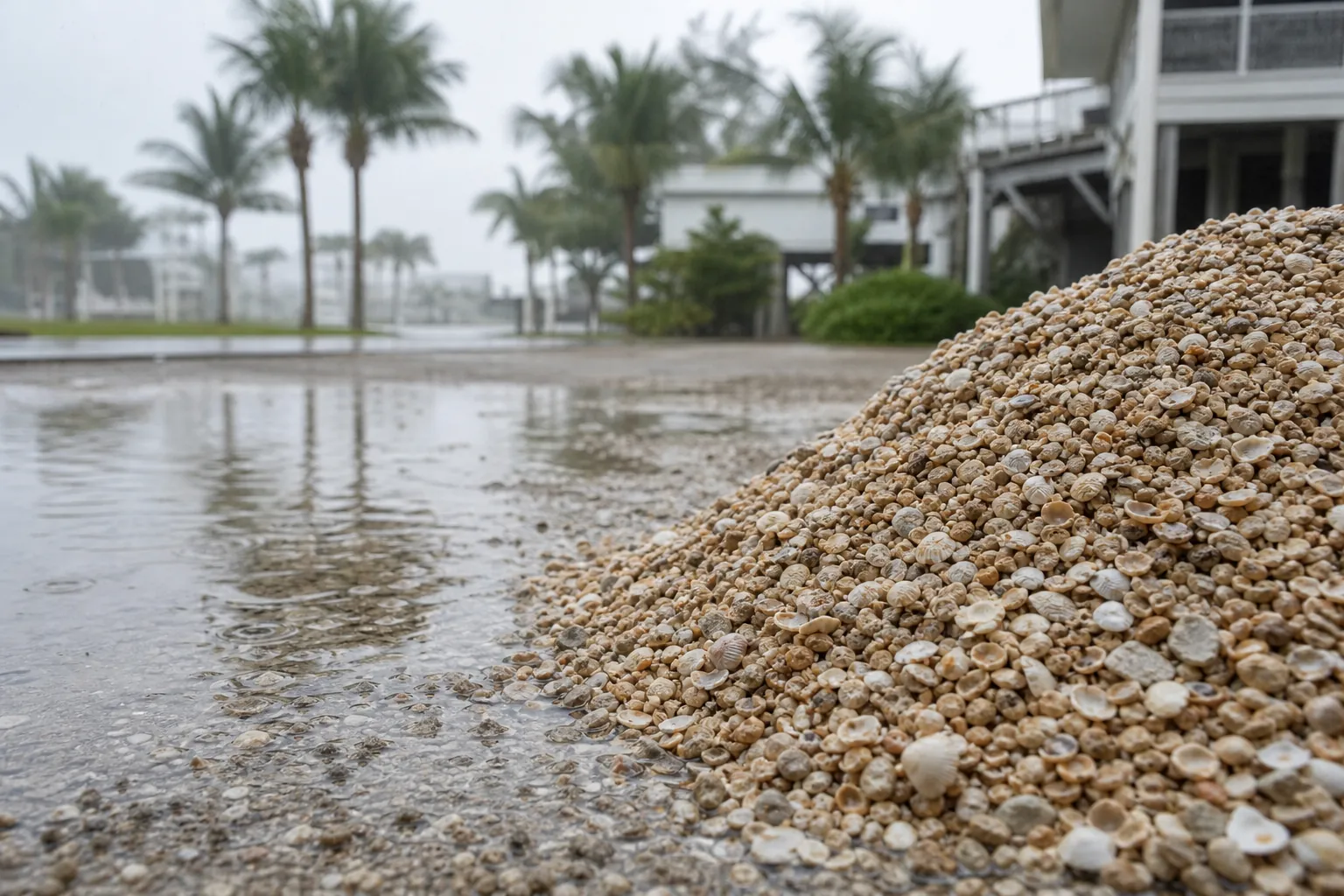 Coquina Shell Pile Beside Rainwater Puddles A mound of coquina shells sits beside puddles on rain-soaked pavement, with palm trees and raised houses in the background.