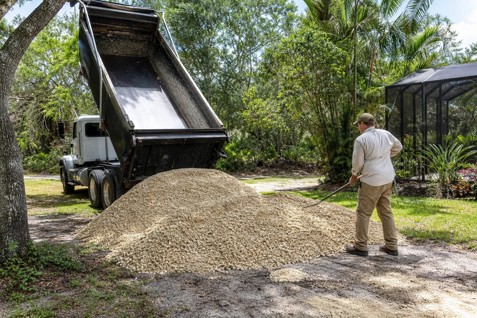 Shell Aggregate Delivery in a Palm-Lined Yard A raised dump truck bed sits behind a large pile of pale shell aggregate as a man holds a long-handled tool in a palm-lined yard.