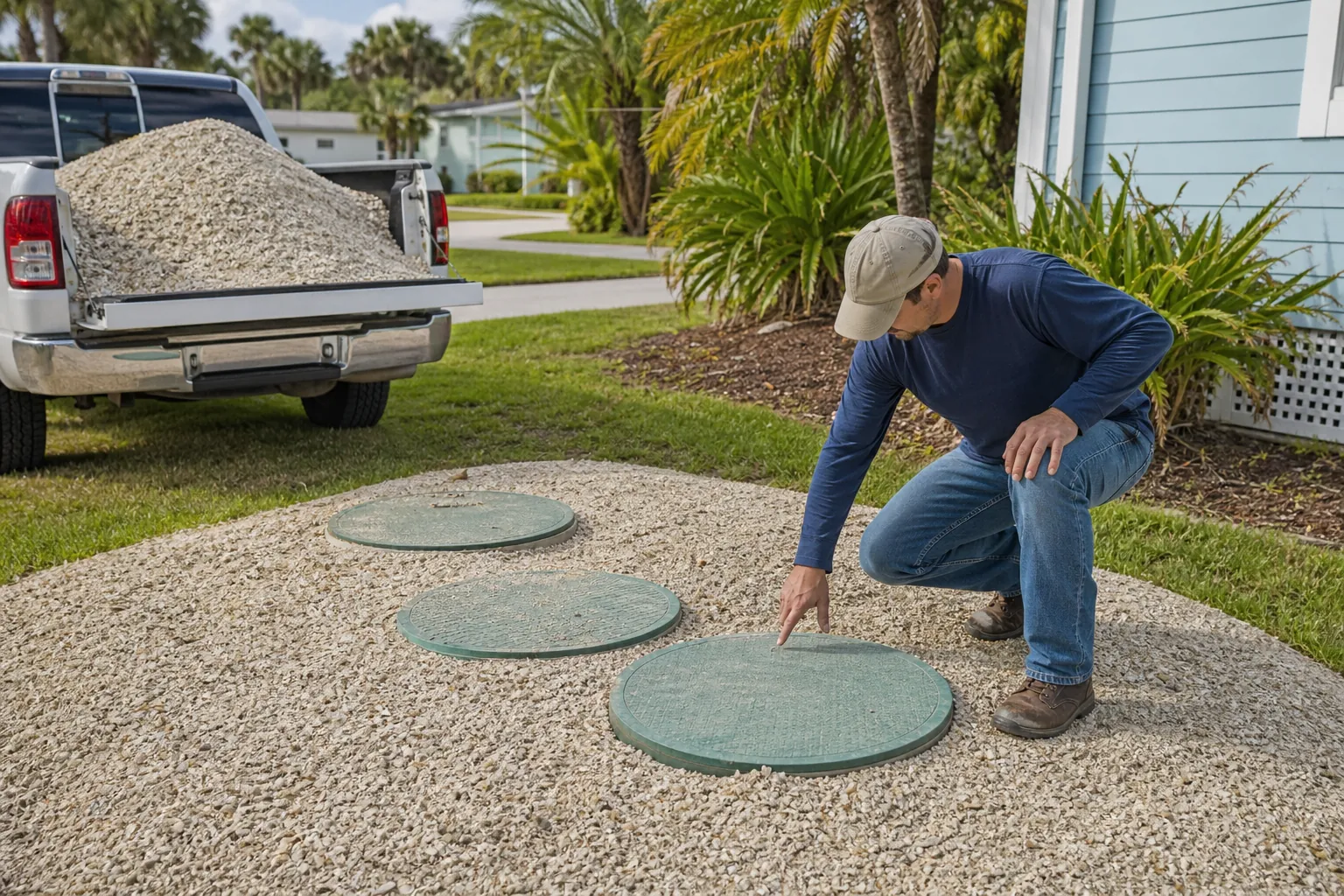 Identifying Septic Access Covers Before Shell Delivery A man kneels beside three green septic access covers in shell gravel, with a pickup loaded with shells beside a blue house.