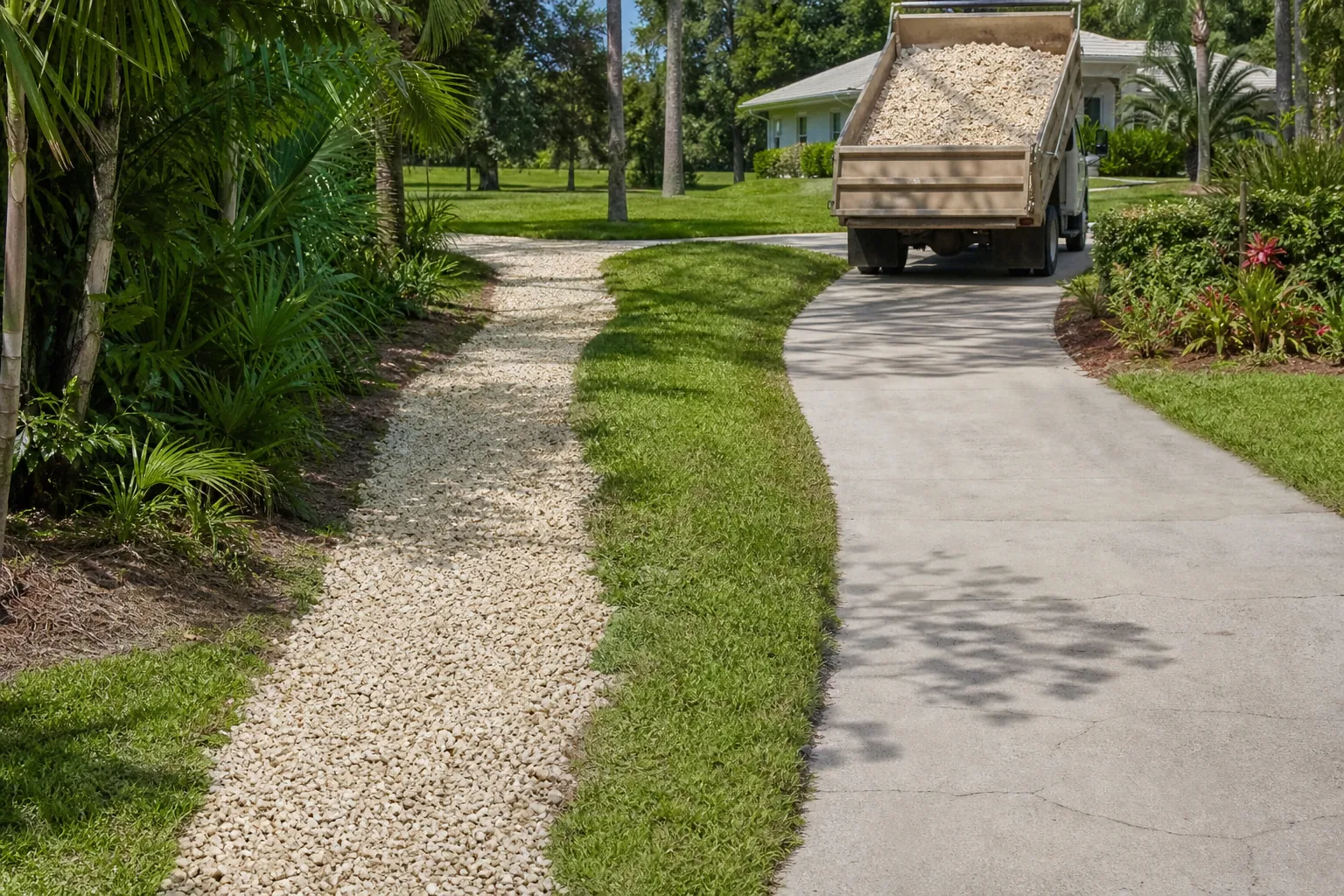 Separate Shell Footpath and Driveway With Delivery Truck A shell-covered footpath runs beside a concrete driveway, separated by grass, with a loaded dump truck near a palm-lined house.