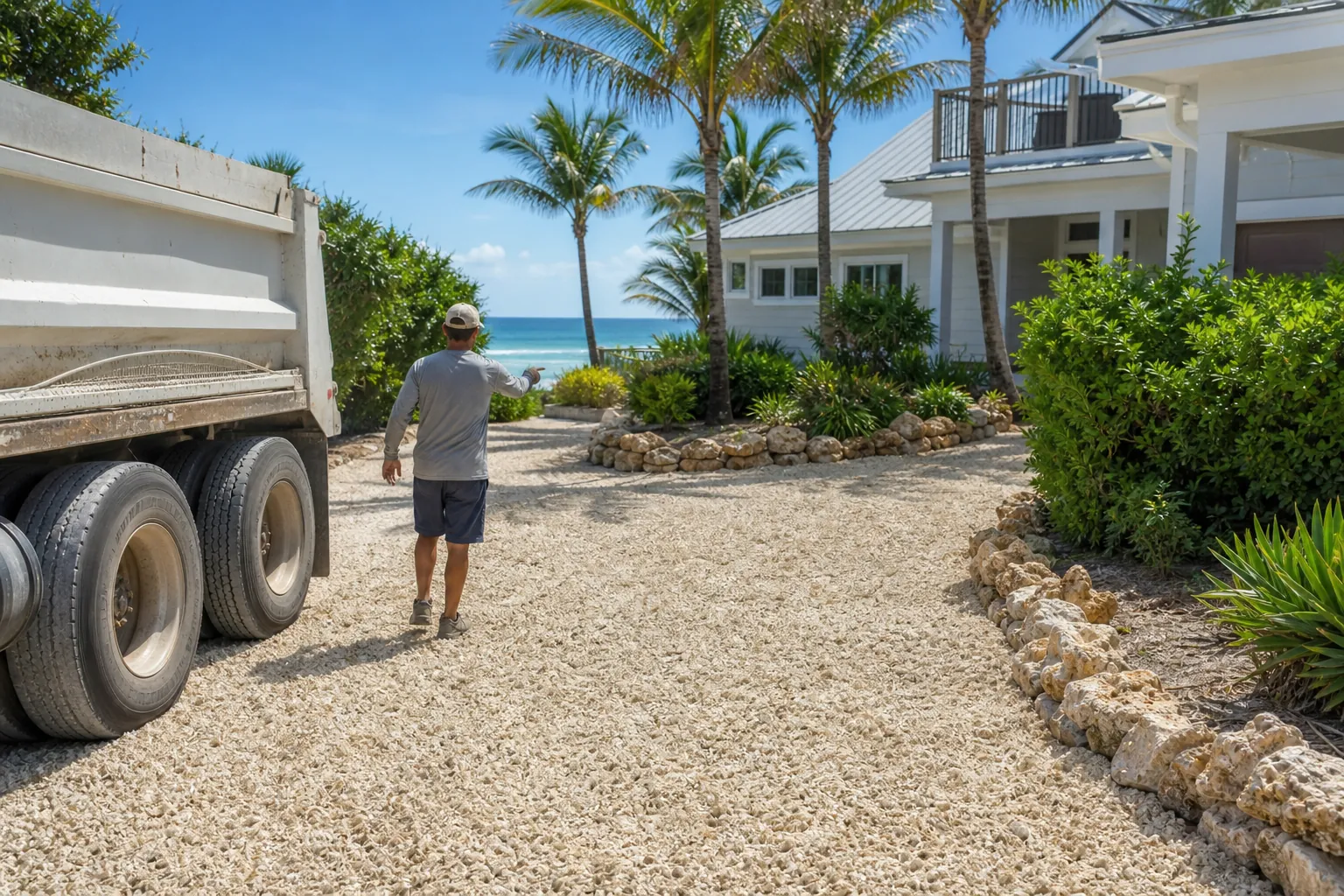 Checking a Shell Driveway's Delivery Approach A man beside a dump truck points along a shell-covered driveway bordered by rocks and palms outside a coastal home.