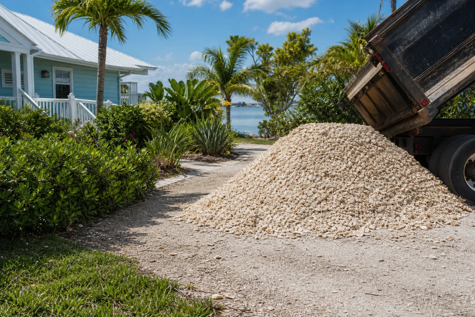 Shell Delivery on a Palm-Lined Residential Driveway A raised dump truck bed sits beside a large pile of pale shells on a driveway near a blue house, palms, and waterfront.