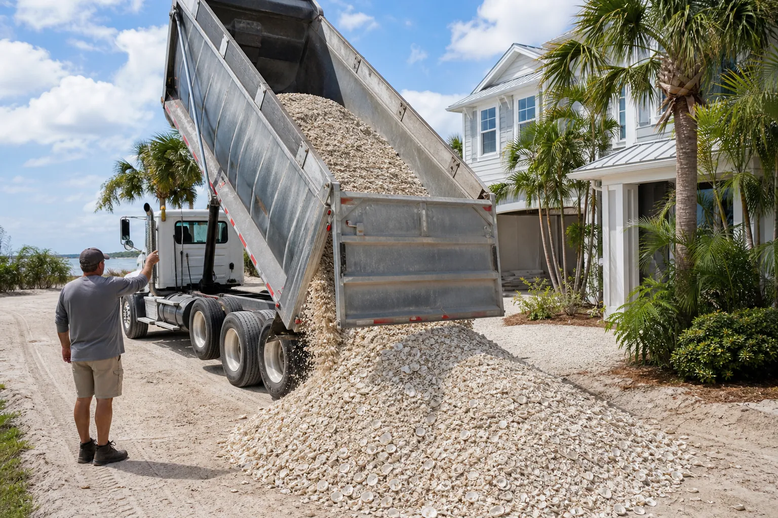 Dump Truck Unloading Shells Beside a Coastal Home A man signals beside a raised dump truck unloading pale shells onto a driveway beside a white house and palm trees.