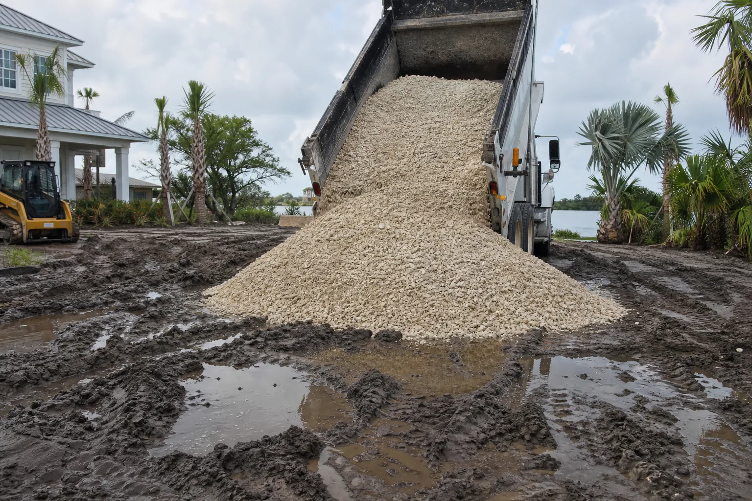 Shell Aggregate Delivery on Muddy Ground A raised dump truck unloads pale shell aggregate onto muddy, rutted ground with puddles beside a house and palm trees.