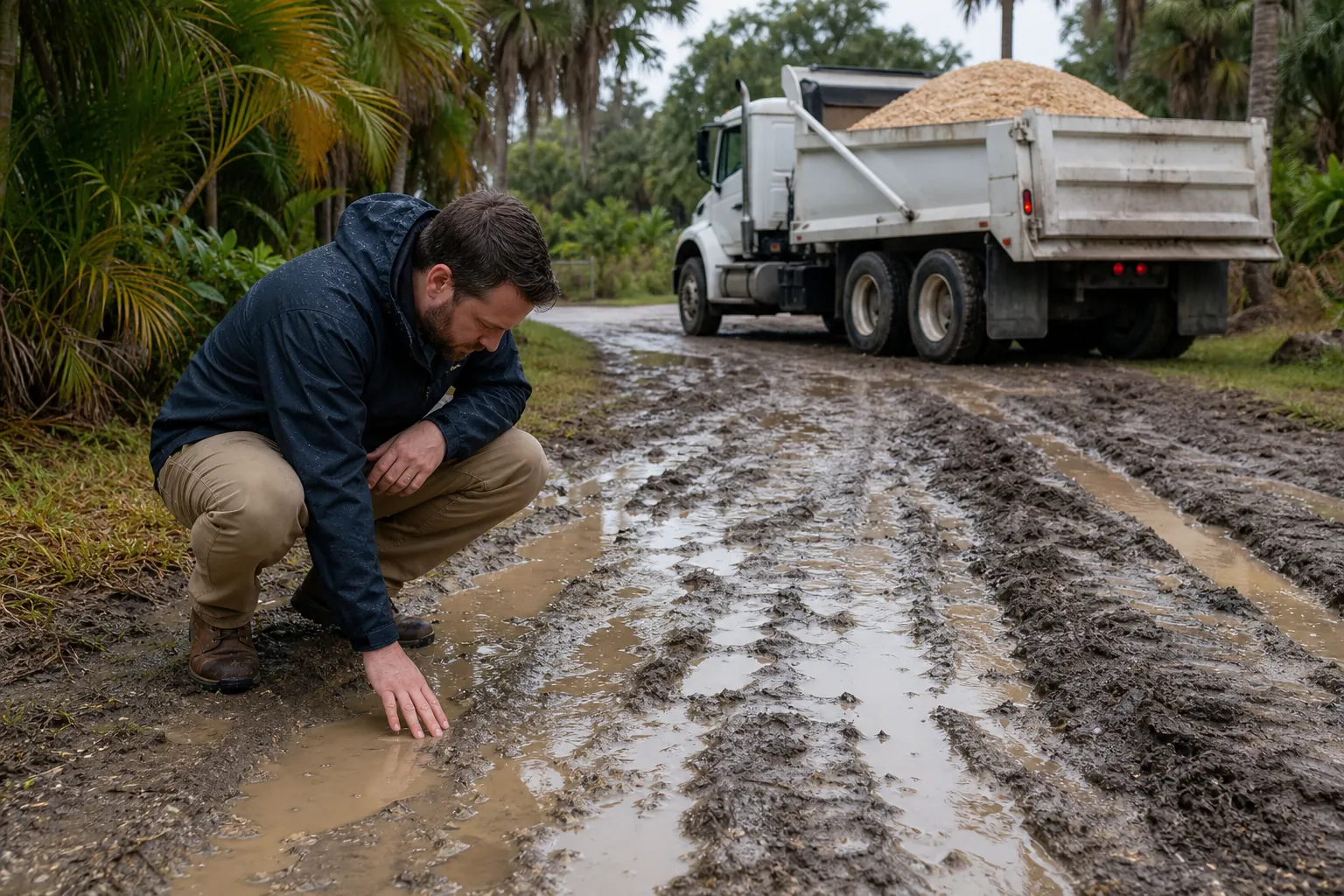 Checking Soft, Muddy Ground Before Shell Delivery A man crouches to touch a muddy puddle beside deep tire ruts, with a dump truck carrying pale shell material behind him.