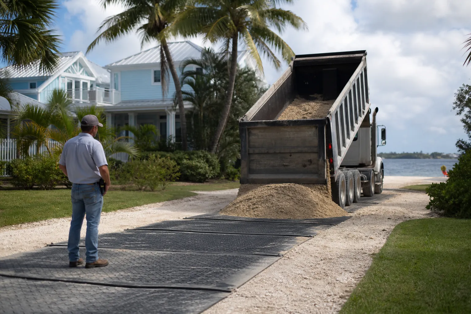 Dump Truck Delivery With Ground Protection Mats A man watches a raised dump truck unload pale aggregate onto a sandy driveway lined with black ground protection mats.