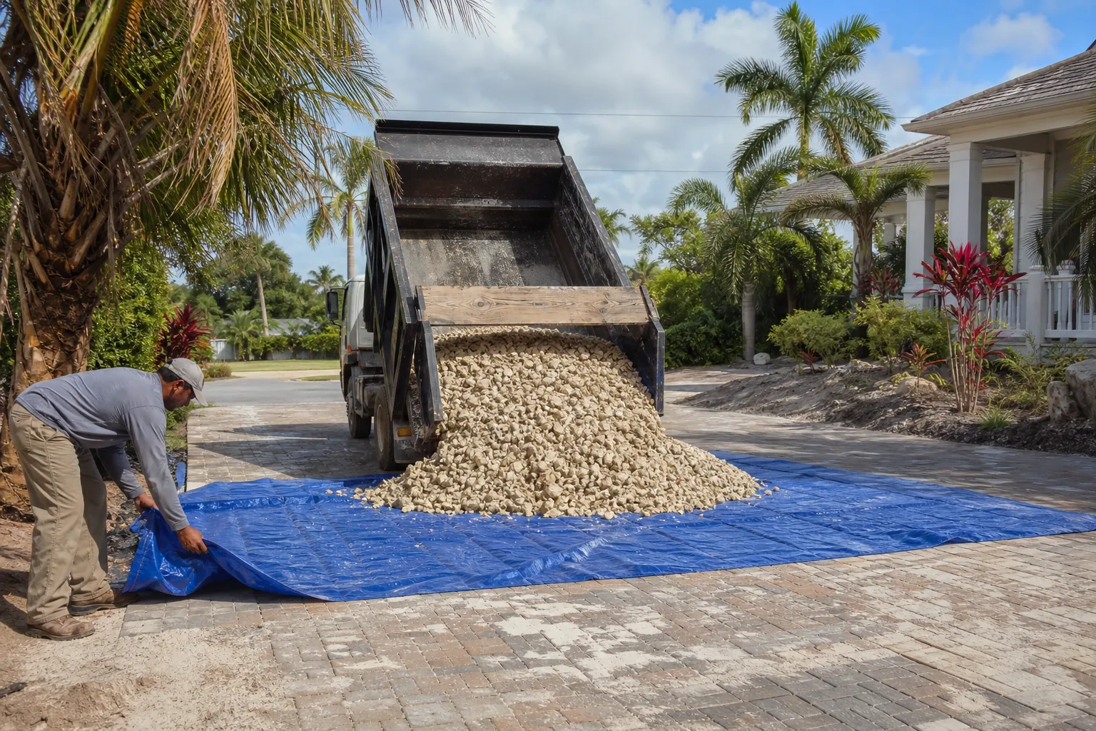 Shell Delivery onto a Blue Driveway Tarp A man holds a blue tarp beneath a raised dump truck unloading pale shell aggregate onto a driveway beside palm trees.
