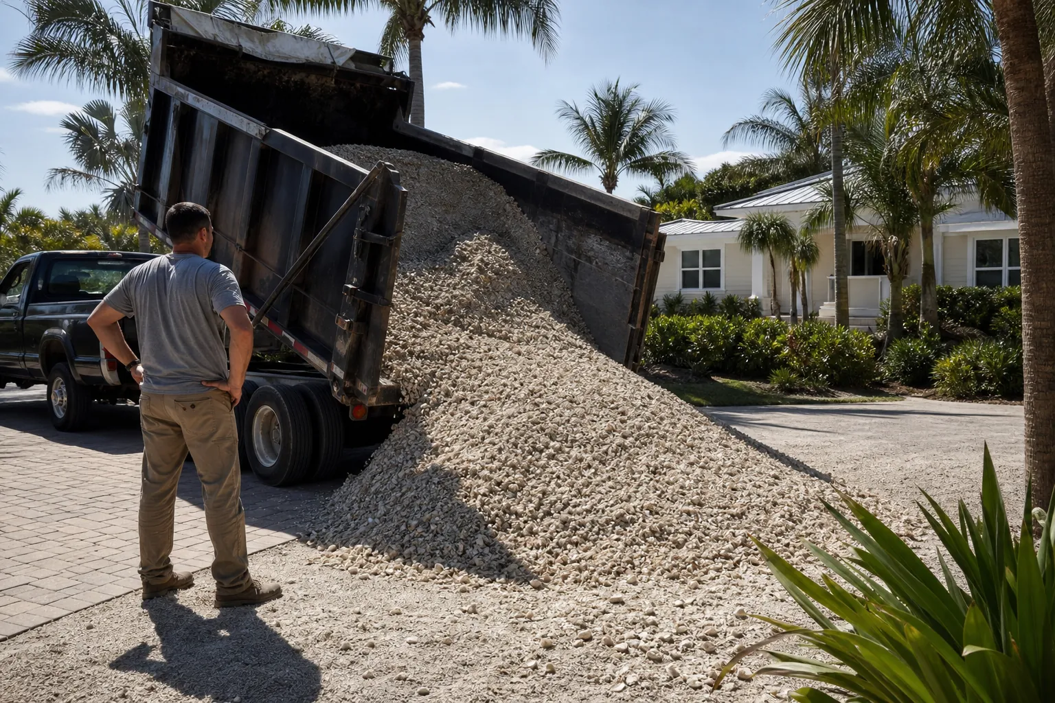 Shell Delivery Beside a Residential Driveway A man watches a raised dump truck unload a large pile of pale shells beside a paved driveway near a palm-lined house.
