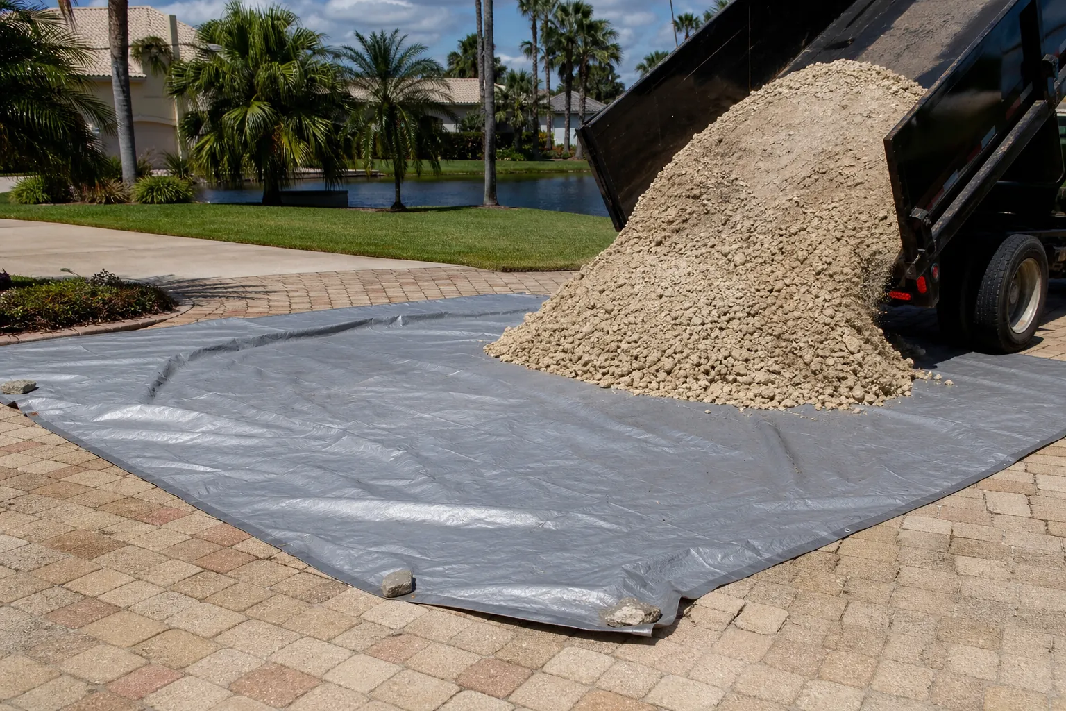 Shell Aggregate Delivery onto a Driveway Tarp A raised dump truck unloads pale shell aggregate onto a gray tarp weighted with rocks on a paved driveway near palm trees.