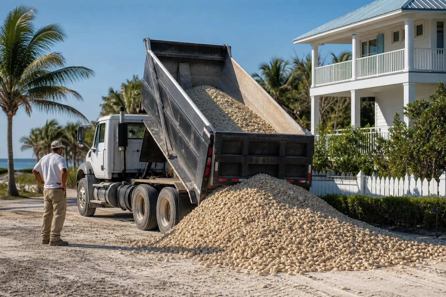 Shell Aggregate Delivery on a Coastal Driveway A raised dump truck unloads pale shell aggregate beside a coastal house while a man stands on the sandy driveway.