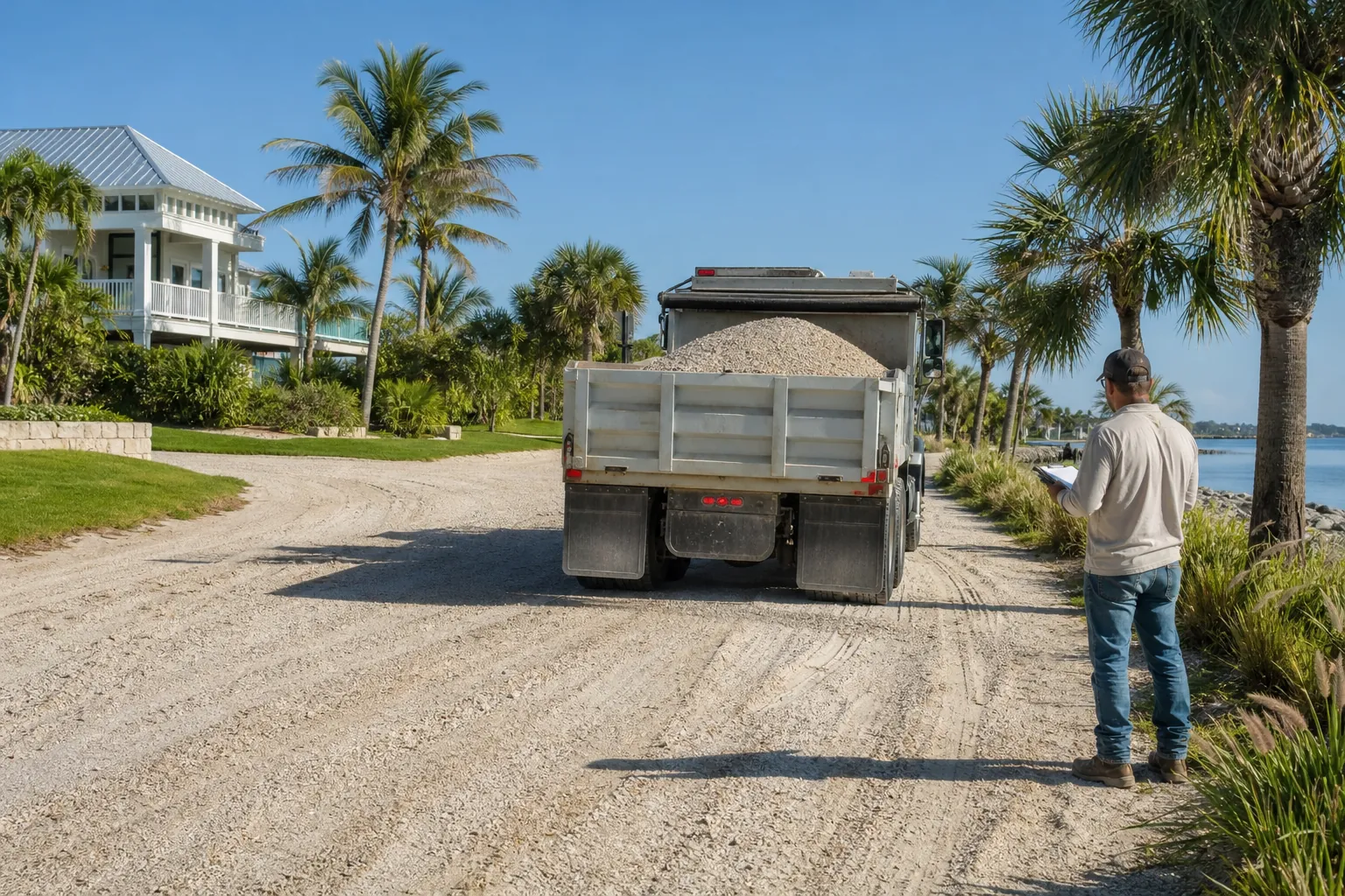 Loaded Dump Truck on a Waterfront Delivery Route A loaded dump truck sits on a wide gravel driveway beside waterfront palms while a man holds a clipboard nearby.