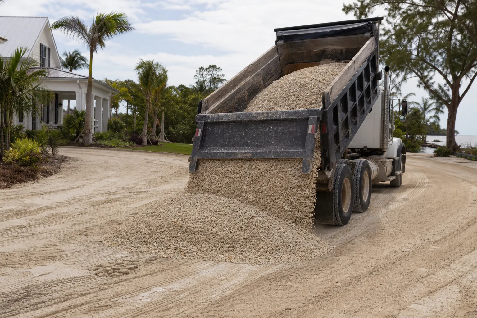 Shell Delivery Truck on a Curved Residential Driveway A dump truck with its bed raised unloads pale shell aggregate onto a curved sandy driveway beside a house and palm trees.