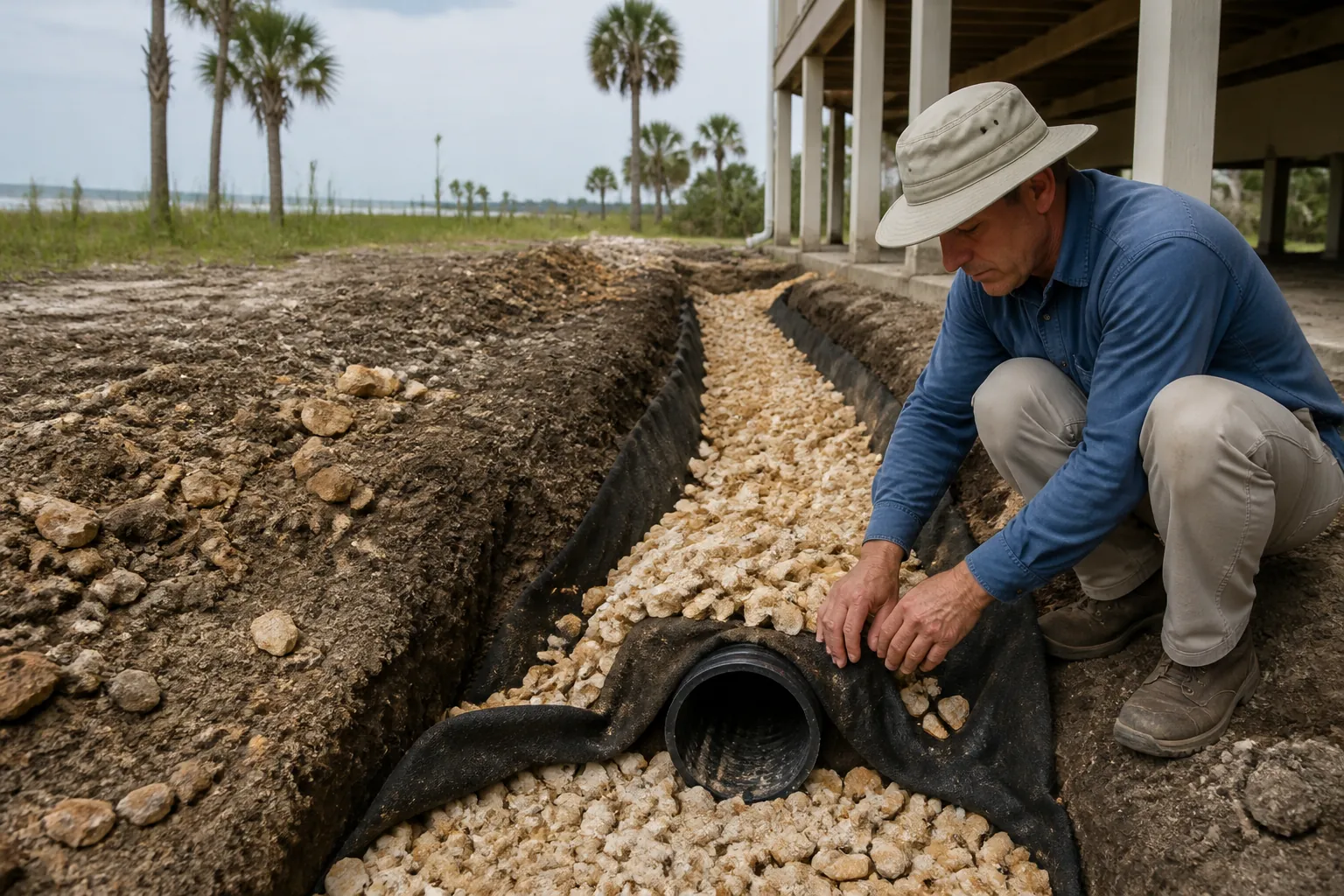 Shell Aggregate Drainage Trench Beside a Coastal House A man kneels beside a raised coastal house, arranging black fabric around a drainage pipe in a trench filled with pale shell aggregate.; coquina shell drainage considerations planning guide