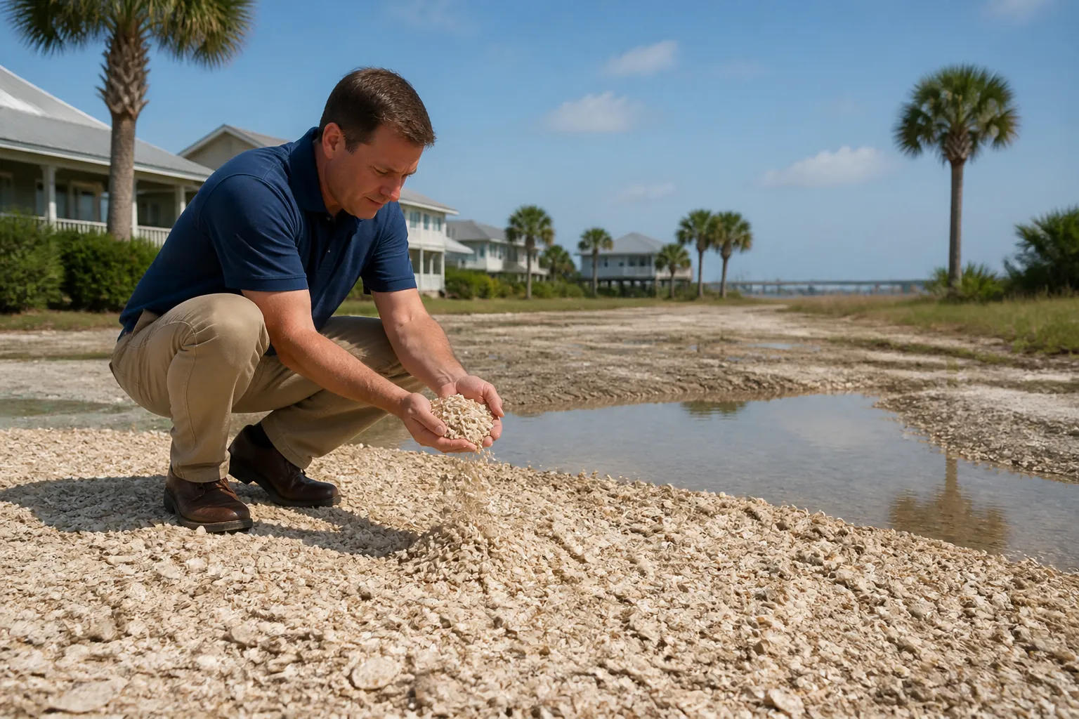 Inspecting Shell Material Beside Standing Water A crouching man holds crushed shells beside standing water on a shell-covered lot, with palm trees and houses behind him.