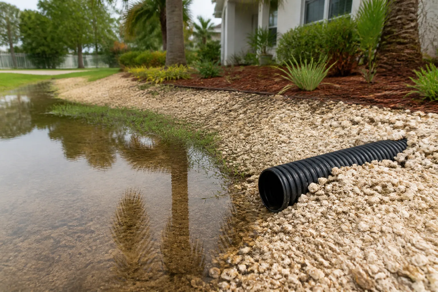 Shell Drainage Bed Beside Standing Water Black corrugated drainage pipe rests in pale shell aggregate beside standing water, with palms and a house behind it.