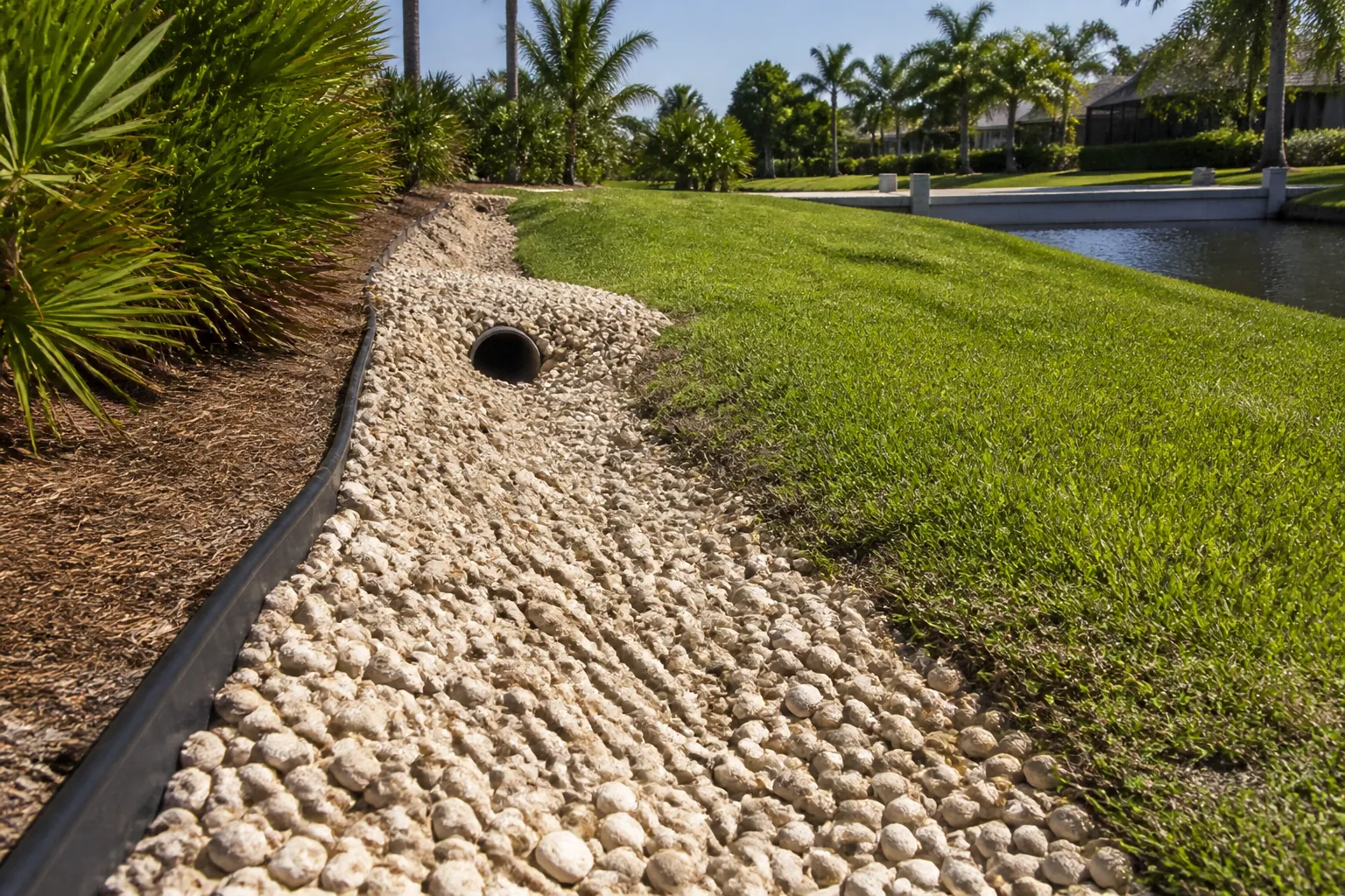 Shell-Lined Drainage Swale Beside a Canal A pale shell-lined drainage swale with a black pipe runs between palm landscaping and a green lawn beside a canal.