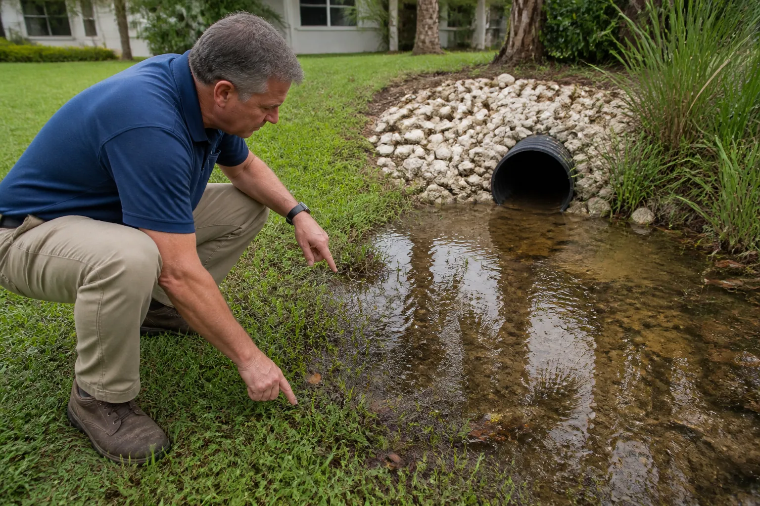 Inspecting Standing Water Near a Lawn Drainage Pipe A man crouches and points at standing water on a lawn beside a black drainage pipe surrounded by pale rocks.