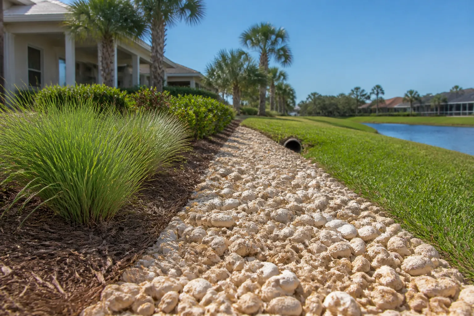 Coquina Drainage Bed Beside a Pondside Lawn A pale coquina rock drainage bed runs beside ornamental grasses and a lawn, with a drainpipe, palms, homes, and a pond nearby.