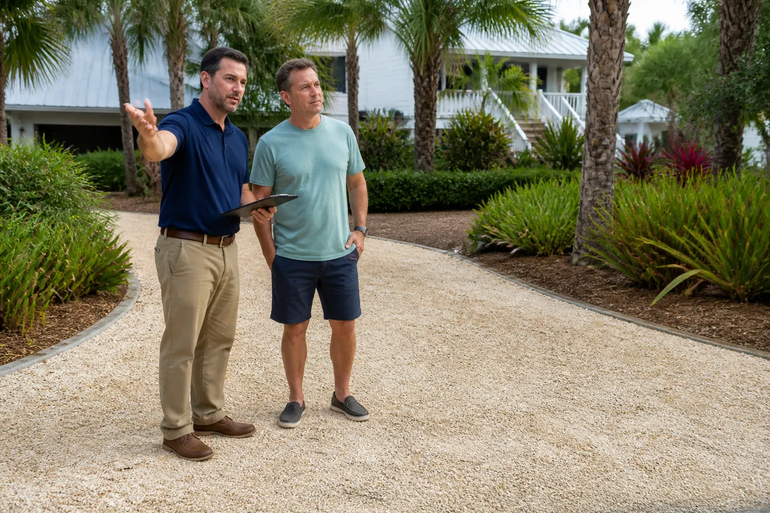 Contractor and Homeowner Assess a Shell Driveway Two men stand on a pale shell driveway outside a palm-lined house, one holding a tablet and gesturing across the property.