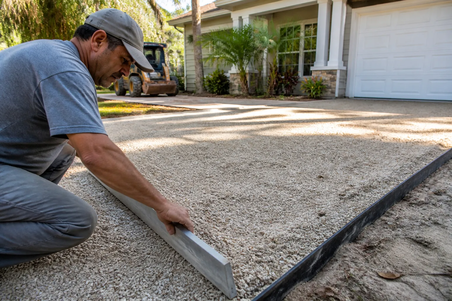 Worker Leveling a Shell Aggregate Driveway A kneeling worker levels a pale shell aggregate driveway with a metal straightedge outside a house with a white garage.