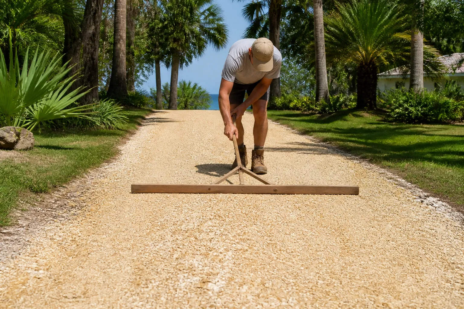 Leveling a Shell Driveway With a Wooden Grading Tool A man bends over a wide wooden leveling tool on a pale shell driveway bordered by grass and palm trees.