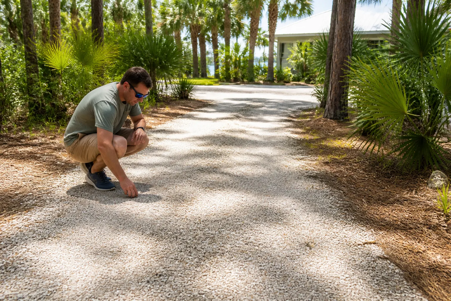 Inspecting an Existing Shell Driveway A man crouches to inspect a pale shell driveway bordered by palms and trees, with a house visible in the background.
