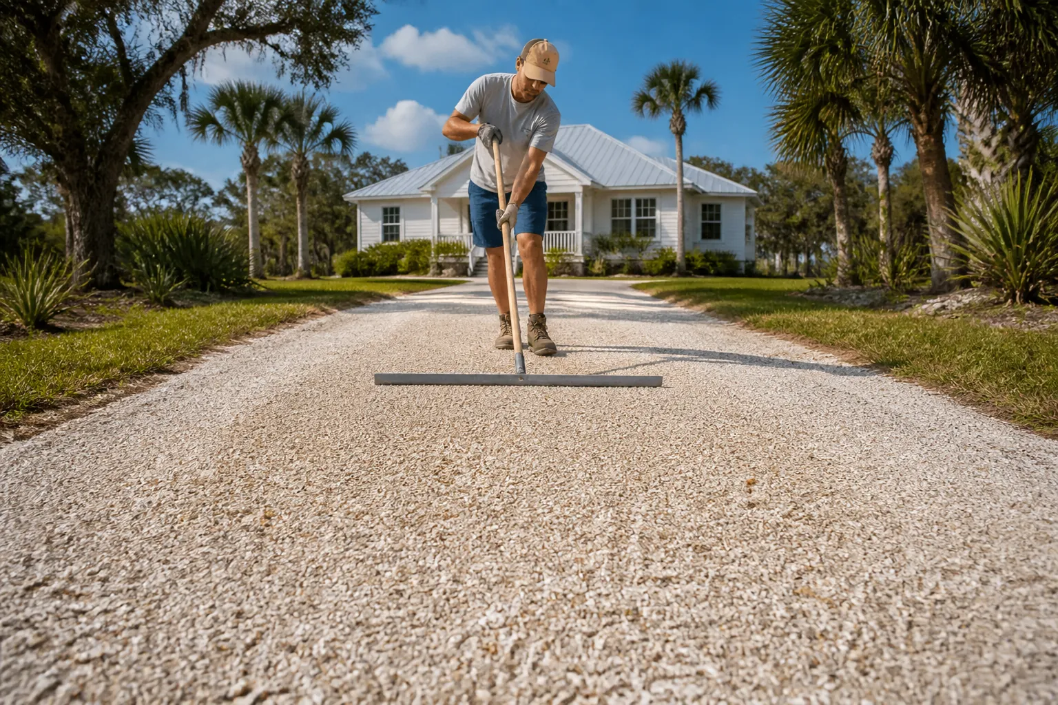Grading a Shell Driveway with a Wide Rake A man uses a wide grading rake on a pale shell driveway leading to a white house surrounded by palms and grass.