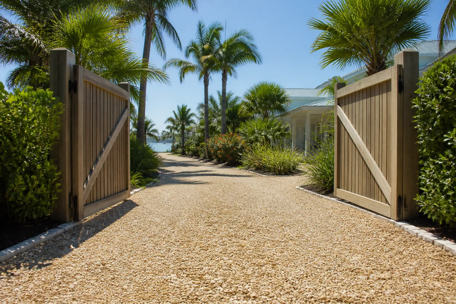 Open Wooden Gates Along a Shell Driveway Two open wooden gates flank a pale shell driveway lined with palms and shrubs beside a coastal house.