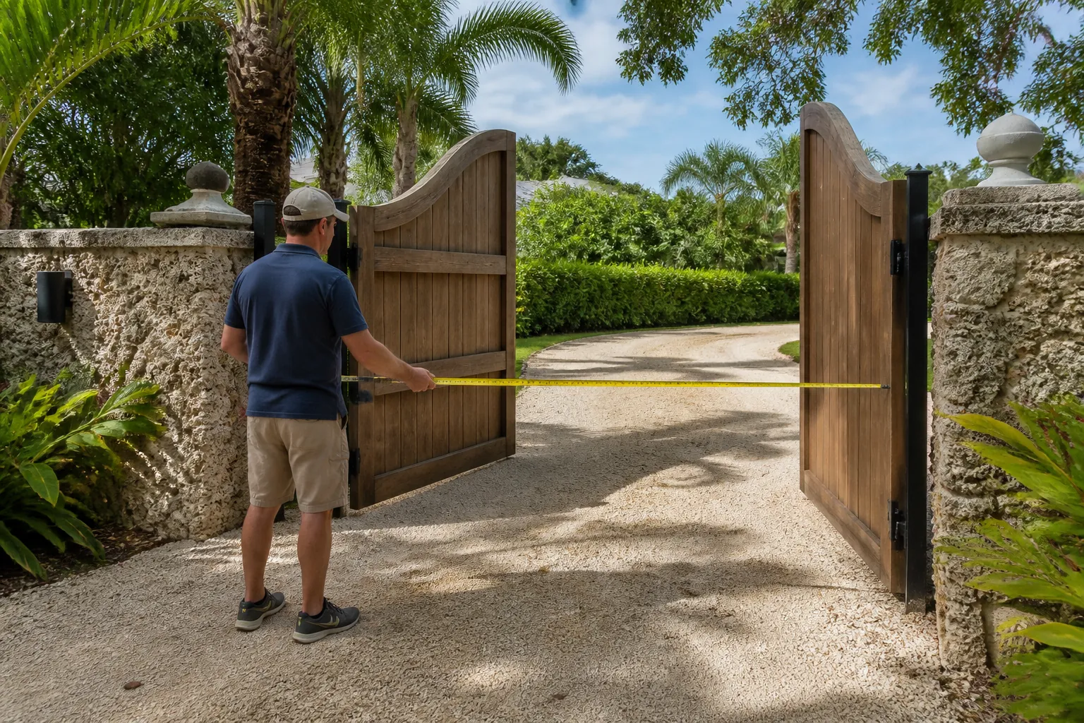 Measuring Clearance Between Open Driveway Gates A man stretches a yellow tape measure across open wooden driveway gates between stone pillars on a pale shell driveway.