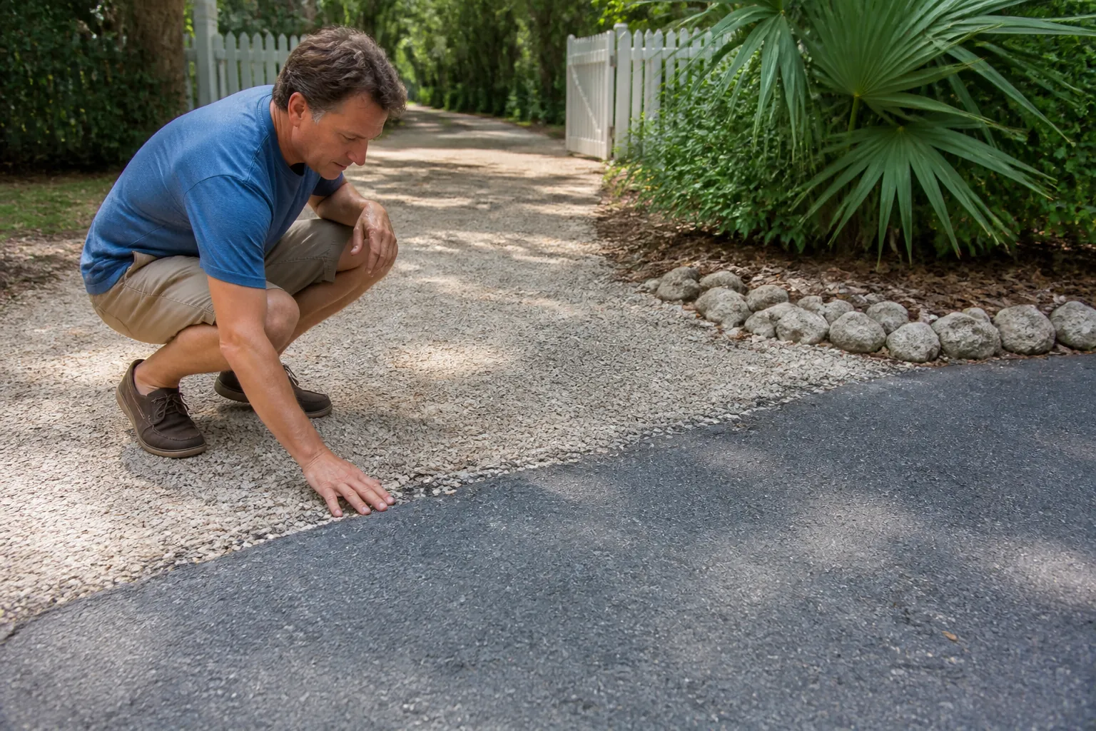 Inspecting a Shell Driveway Entrance at the Road A man crouches to inspect where a pale shell driveway meets an asphalt road, with white gates and palms behind him.