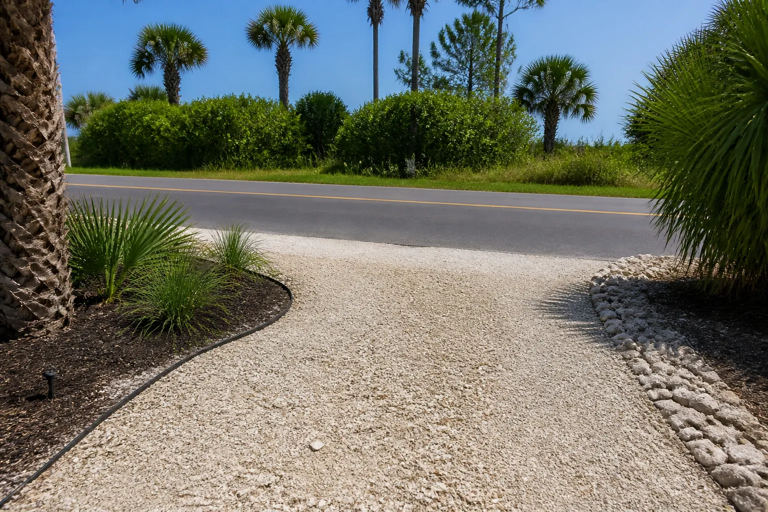 Coquina Shell Driveway Transition to an Asphalt Road A pale coquina shell driveway meets an asphalt road, bordered by curved planting beds, rocks, and palm trees.