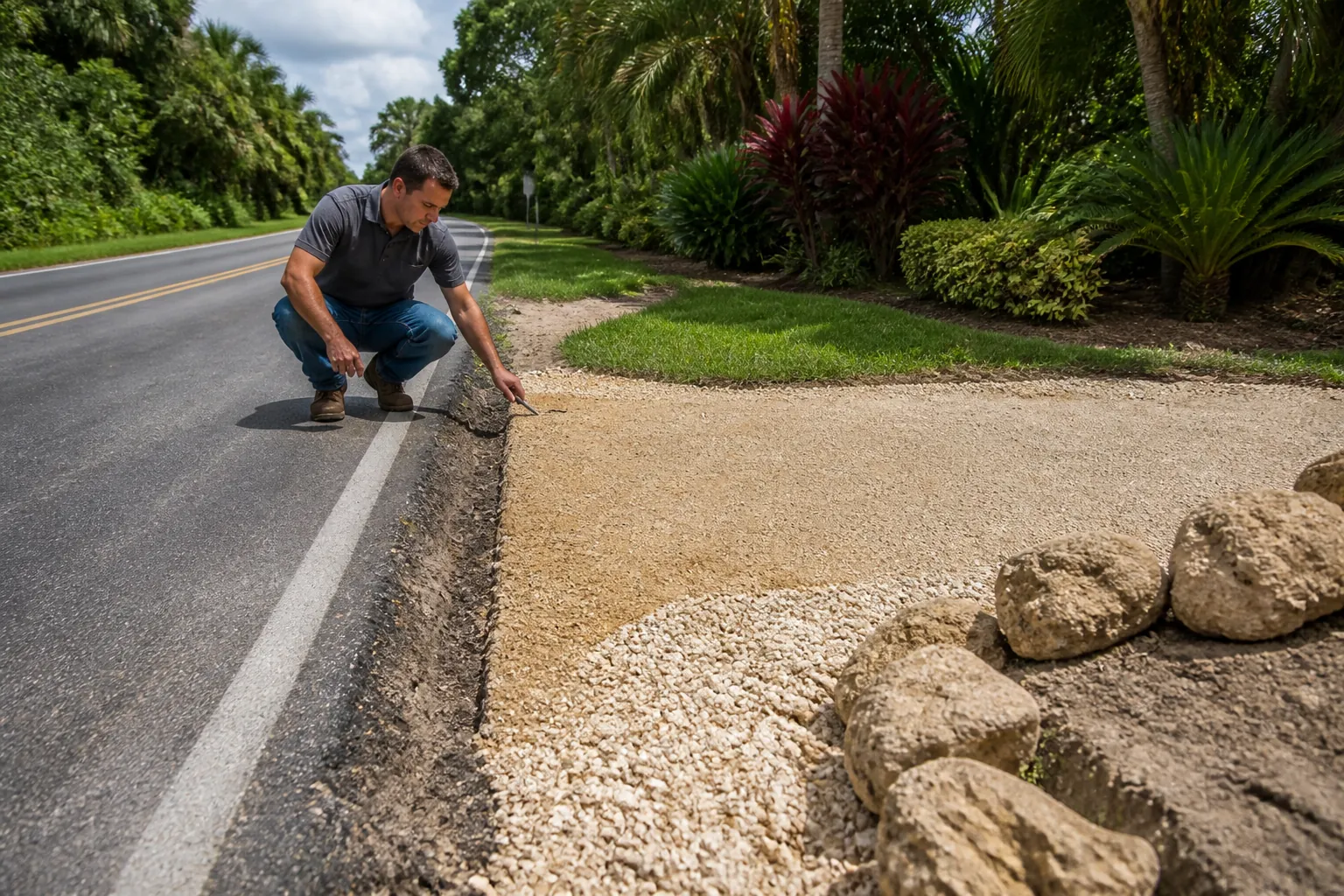 Inspecting a Shell Driveway Connection to the Road A man crouches beside a paved road, pointing at the edge where a shell driveway meets the asphalt, with rocks and palms nearby.