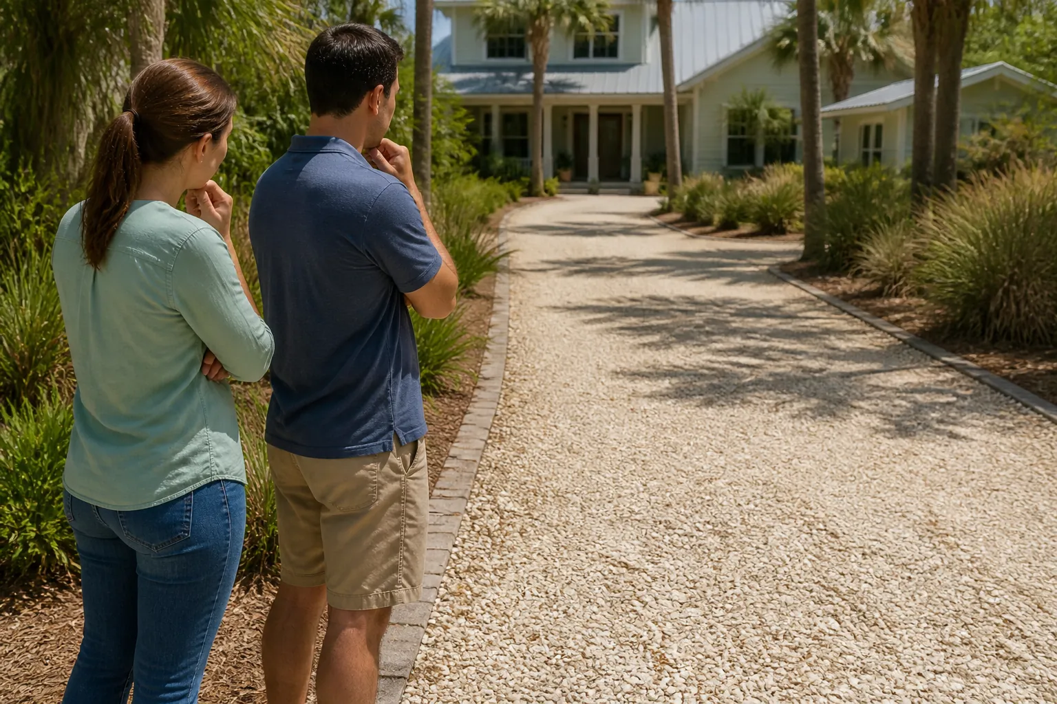 Couple Considering a Shell Driveway Beside a White House Two adults stand beside a pale shell driveway with brick edging, looking toward a white house surrounded by palms.