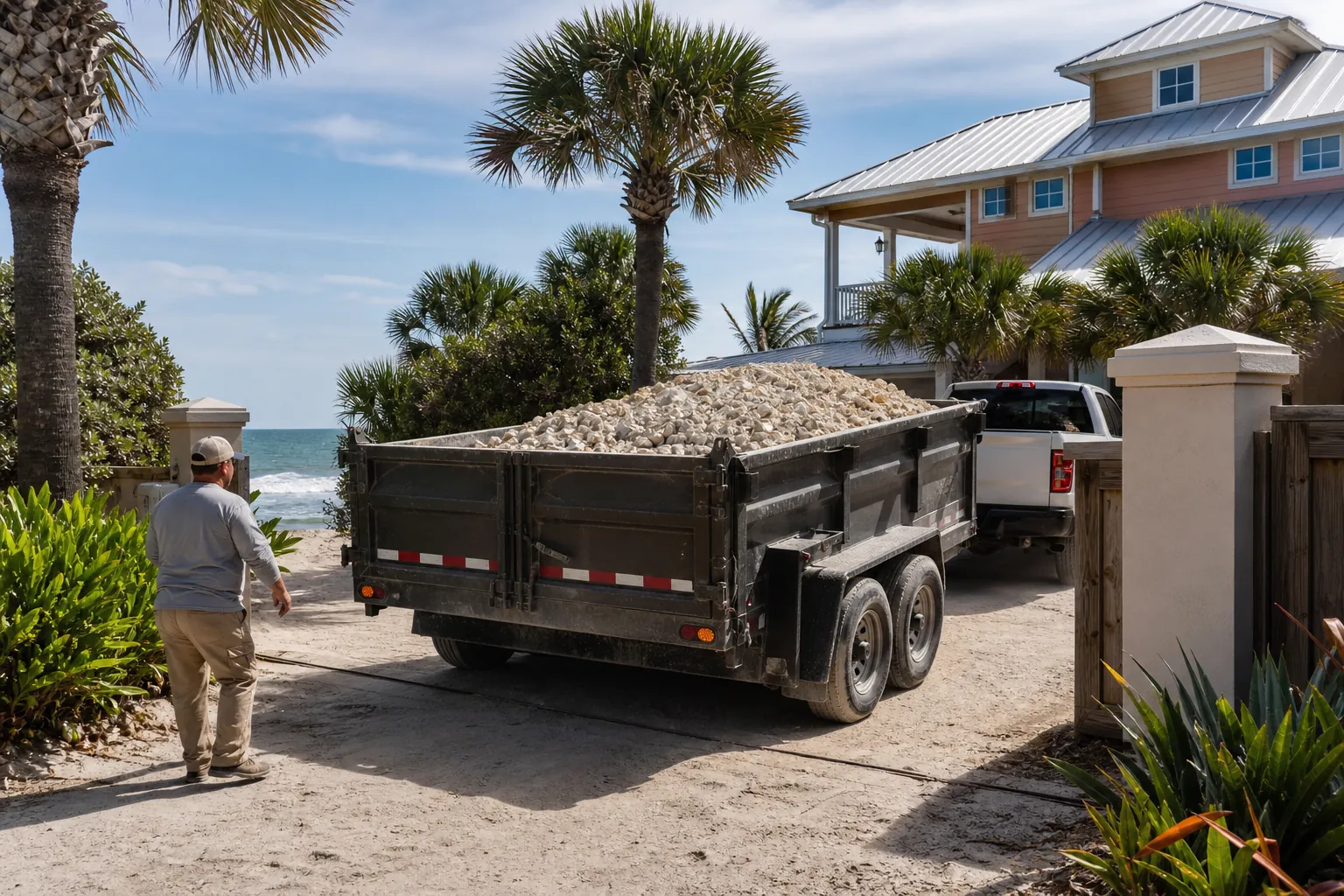 Shell Delivery Trailer Passing Through a Driveway Gate A man watches a pickup towing a shell-filled dump trailer through a gated driveway beside a coastal house and palm trees.