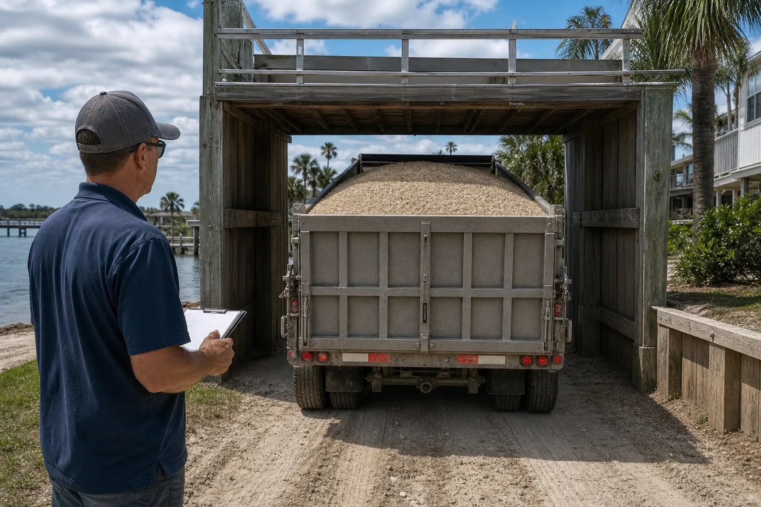 Shell Delivery Truck Beneath a Low Wooden Entrance A man holding a clipboard watches a dump truck loaded with crushed shells beneath a low wooden driveway entrance.