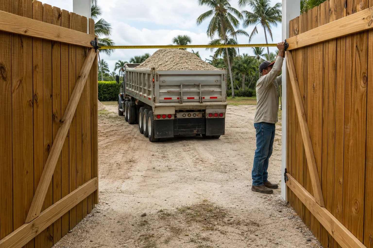 Measuring Usable Gate Clearance for a Shell Delivery A man holds a tape measure across an open wooden gate, with a dump truck loaded with pale shell material beyond it.
