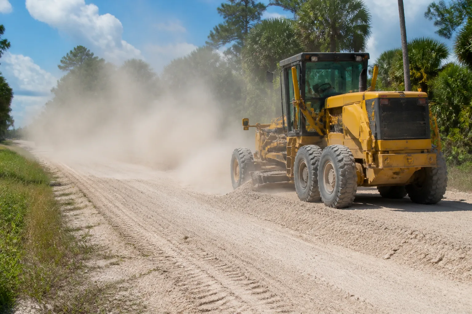 Motor Grader Spreading Dusty Road Material A yellow motor grader spreads pale road material, raising a large dust cloud beside grass and palm trees.