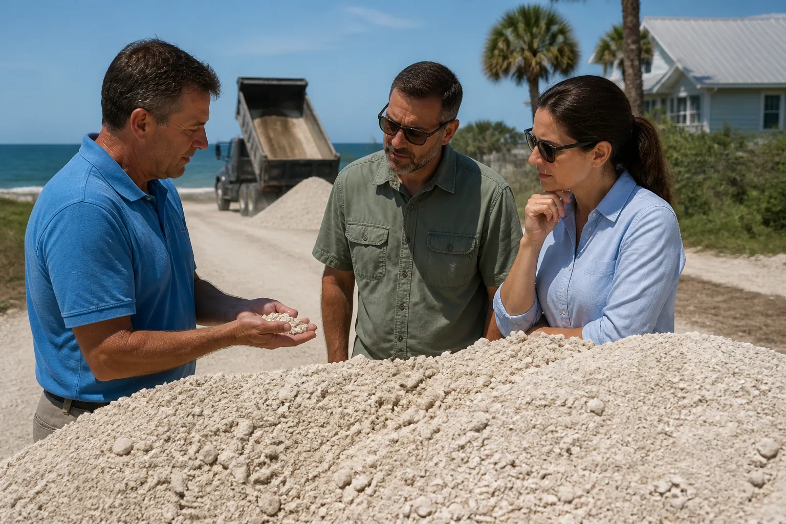 Inspecting Crushed Shell Before Buying Three adults inspect a handful of crushed shell beside a large shell pile, with a raised dump truck bed behind them.