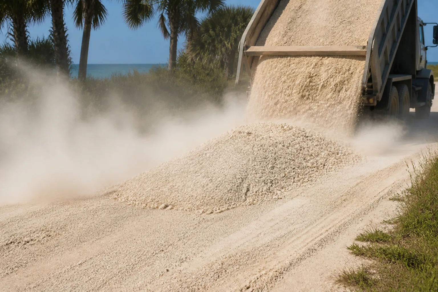 Dust rising as a dump truck unloads crushed shell A raised dump truck unloads pale crushed shell onto a sandy road, creating a large dust cloud beside coastal palms.