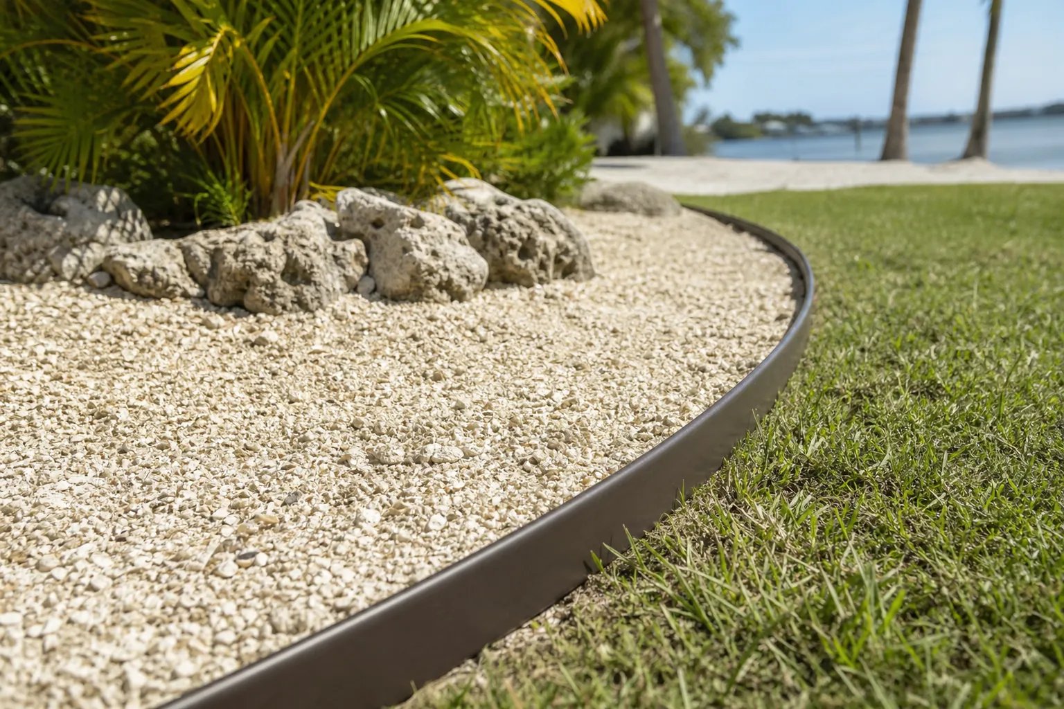 Curved Landscape Border Around a Crushed-Shell Bed Curved dark landscape edging separates a pale crushed-shell bed with rocks and palms from a green lawn beside the water.
