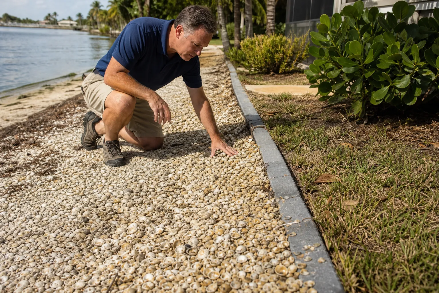 Inspecting Loose Shells Along a Landscape Border A man kneels to inspect loose shells beside a gray landscape border separating a waterfront path from grass and shrubs.