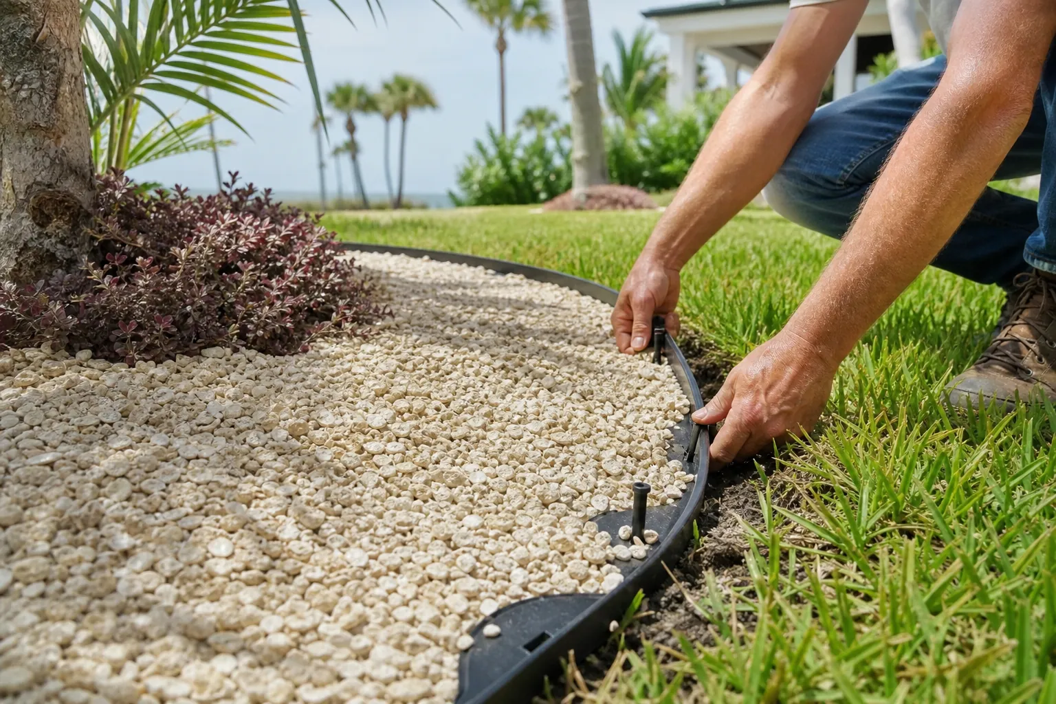 Adjusting Landscape Edging Around a Shell-Filled Bed A kneeling person adjusts curved black landscape edging between a pale shell-filled planting bed and green lawn.