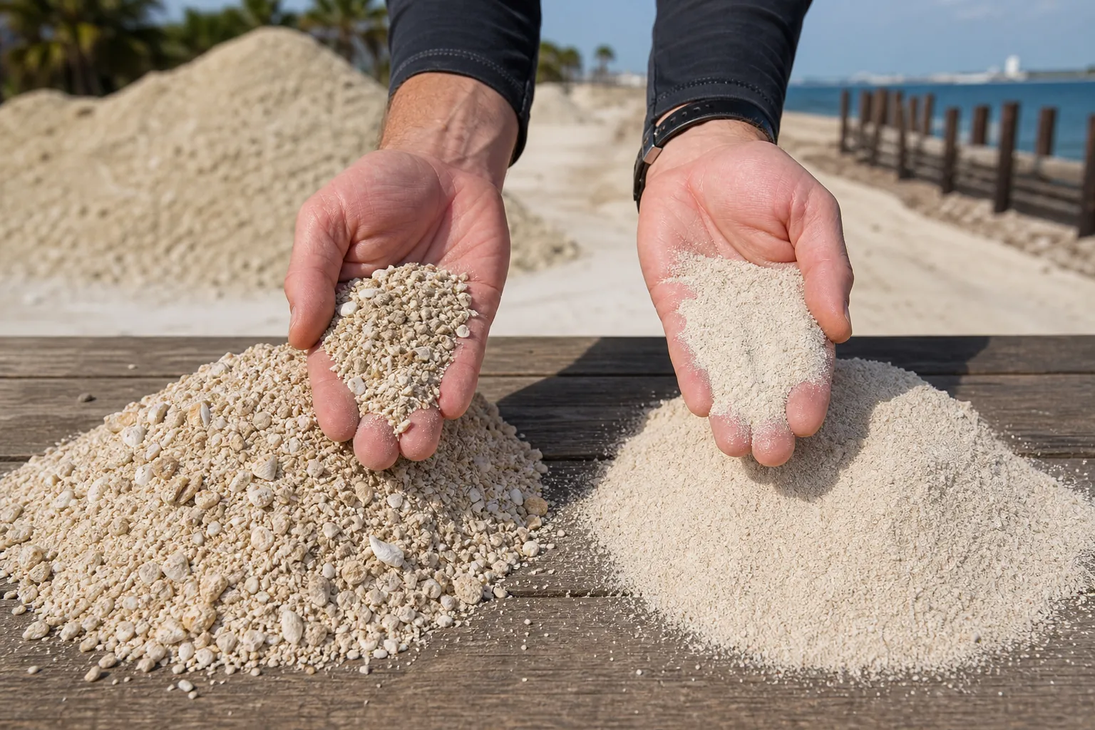 Comparing Coarse Shell Fragments and Fine Shell Dust Two cupped hands hold coarse shell fragments and fine pale dust above matching piles on a wooden table beside the water.