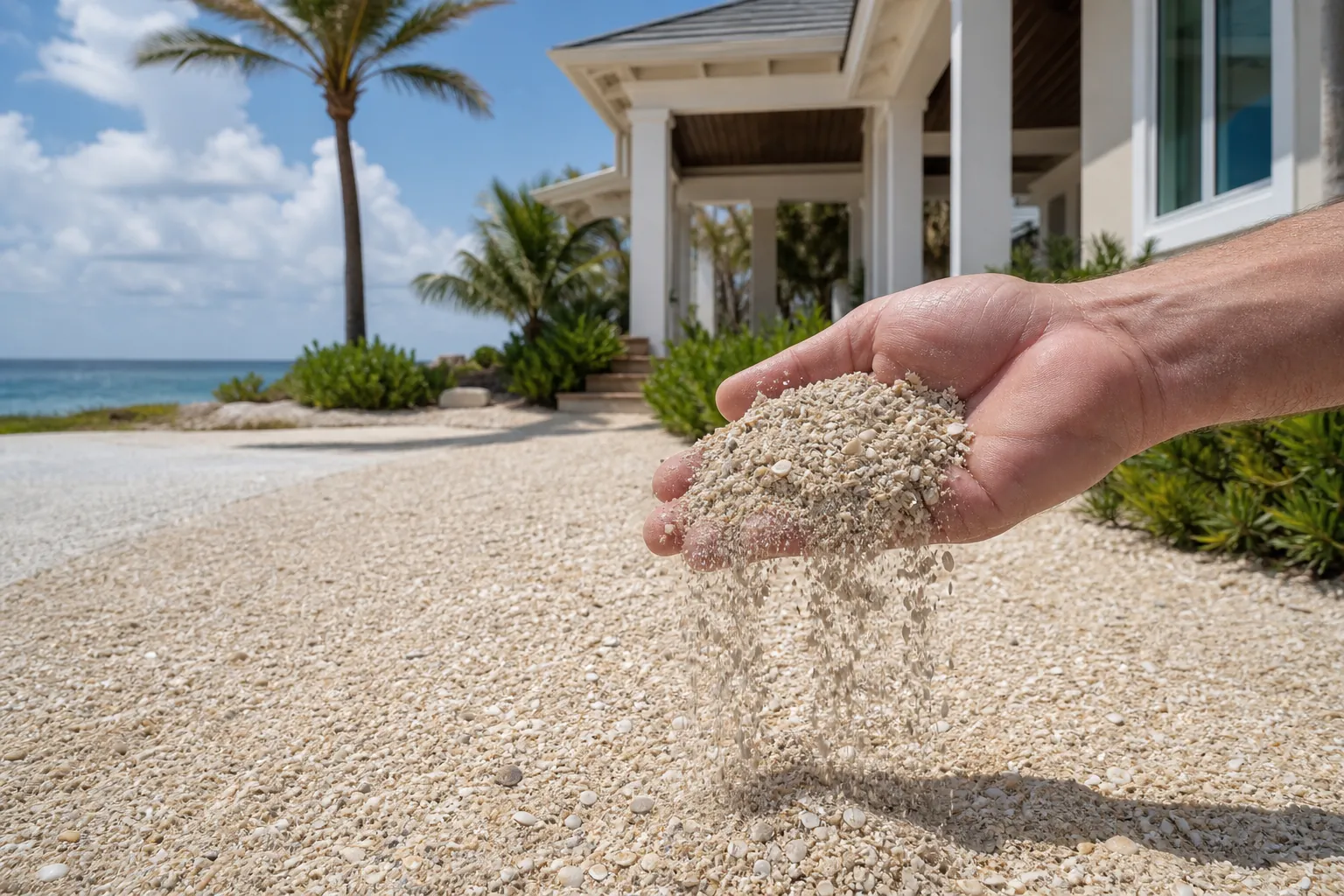 Fine Shell Aggregate Falling Onto a Coastal Driveway A hand lets fine shell aggregate fall onto a pale shell-covered driveway beside a coastal house and palm trees.