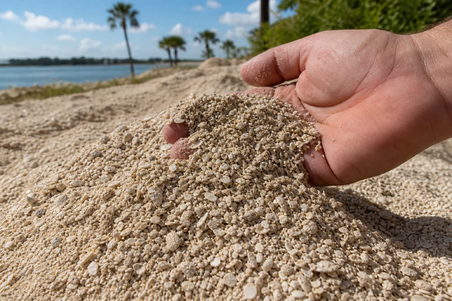 Hand Holding Coquina Shell Fines Beside a Waterfront A cupped hand holds crushed shell fragments and fine sandy material above a pile beside water and palm trees.