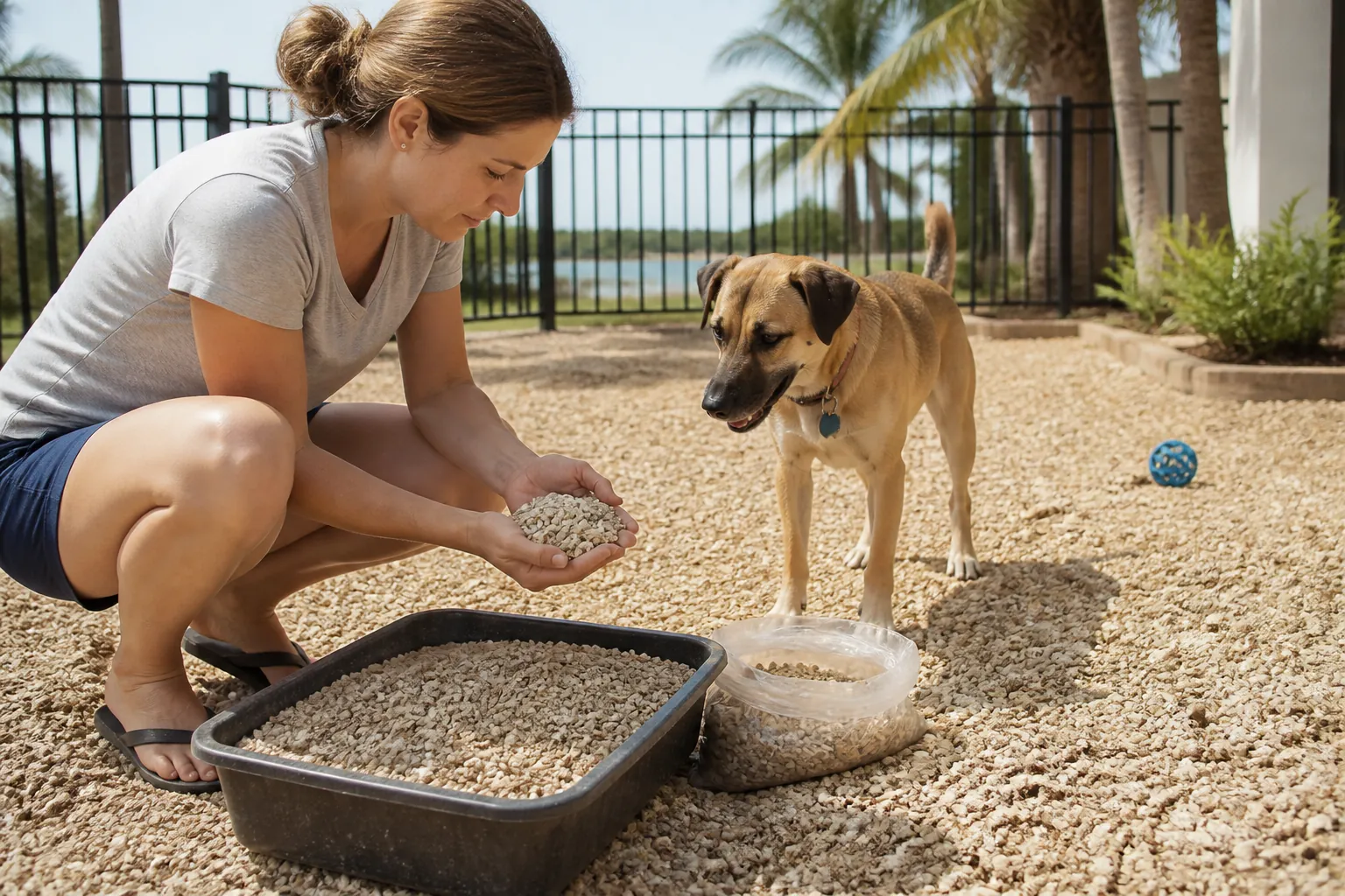 Woman Examining Crushed Shell in a Dog Yard A woman crouches beside a dog, holding crushed shell in a shell-covered yard with sample containers and palm trees.