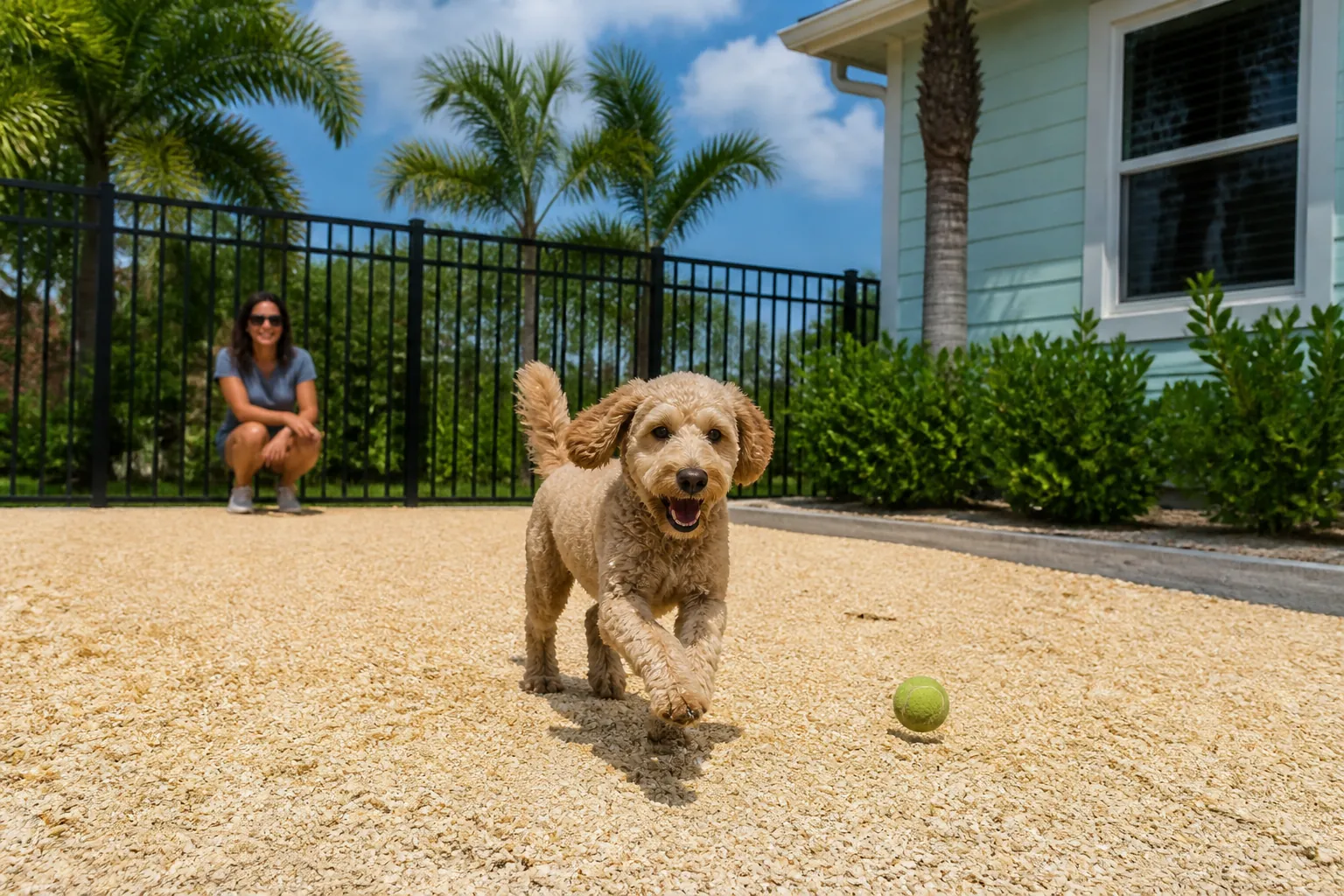 Dog Playing on a Shell-Covered Yard A curly-haired dog runs beside a tennis ball on a shell-covered yard, with a crouching woman, black fence, and palm trees.