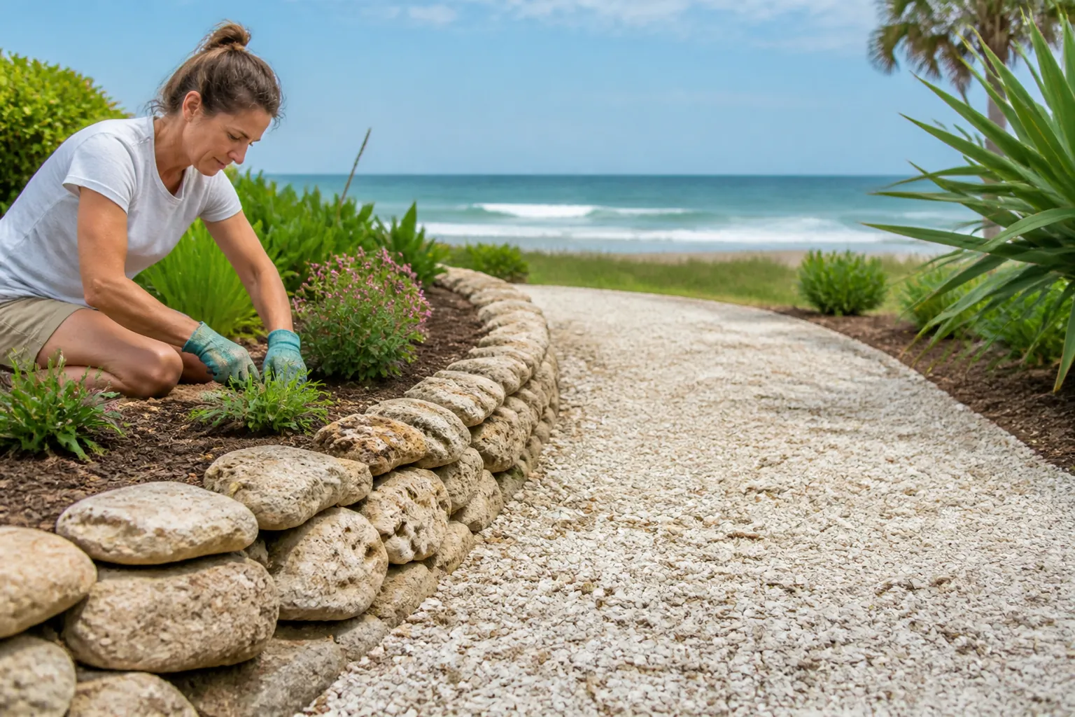 Coastal Garden Bed With Coquina Border and Shell Path A woman in gardening gloves tends a coastal garden bed beside a coquina stone border and crushed-shell path overlooking the ocean.