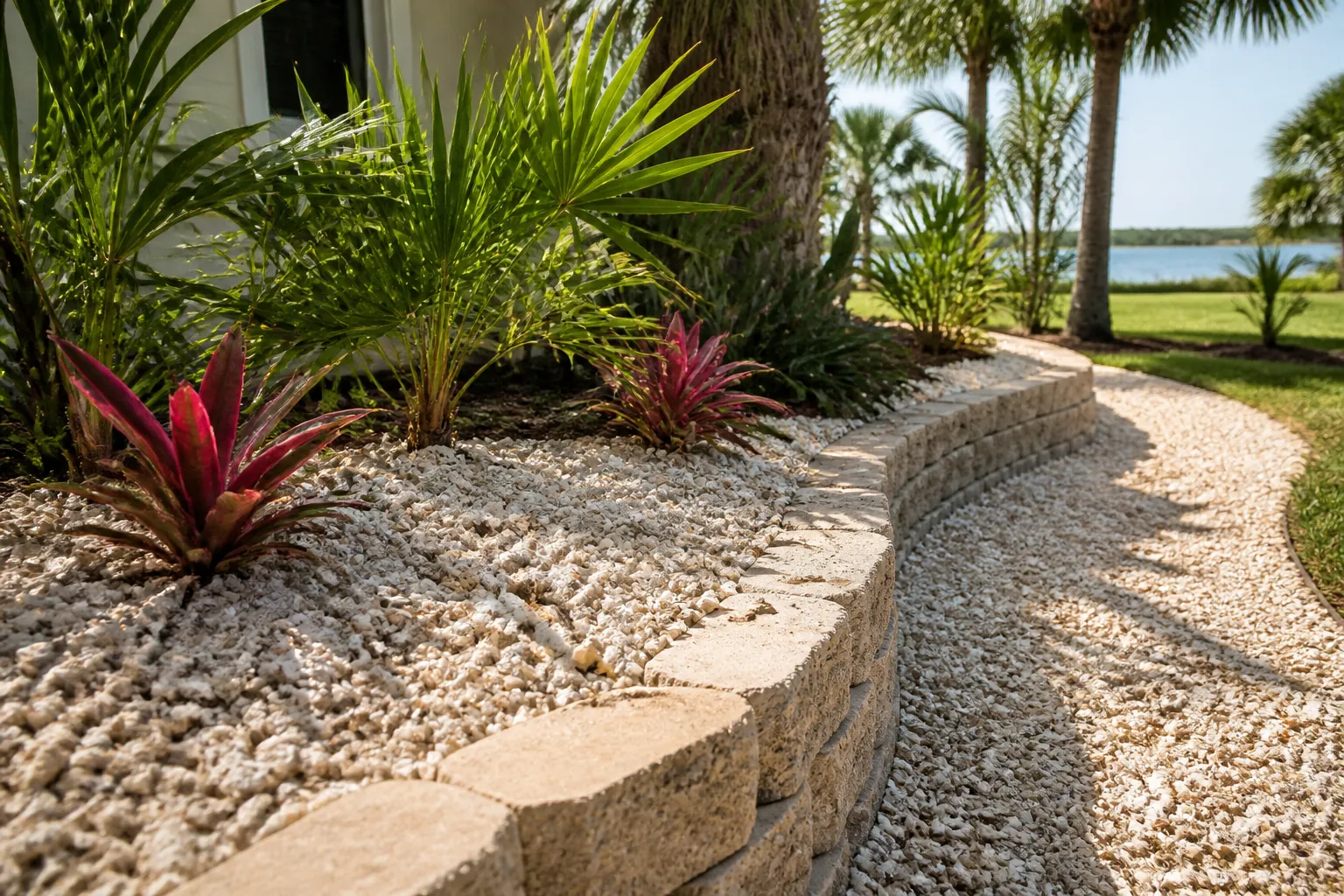 Shell Mulch in a Curved Tropical Garden Bed White shell mulch covers a tropical garden bed with palms and red bromeliads beside a curved block border and shell path.